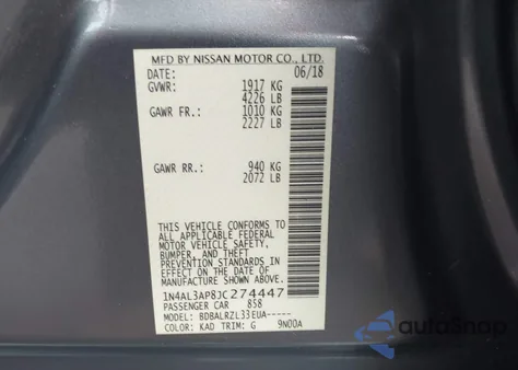 2018 Nissan Altima 2.5 Sl from USA, damaged, VIN 1N4AL3AP8JC274447